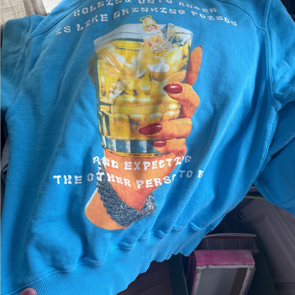 Boys Lie Bright Blue Graphic Sweatshirt with Yellow Drink Print